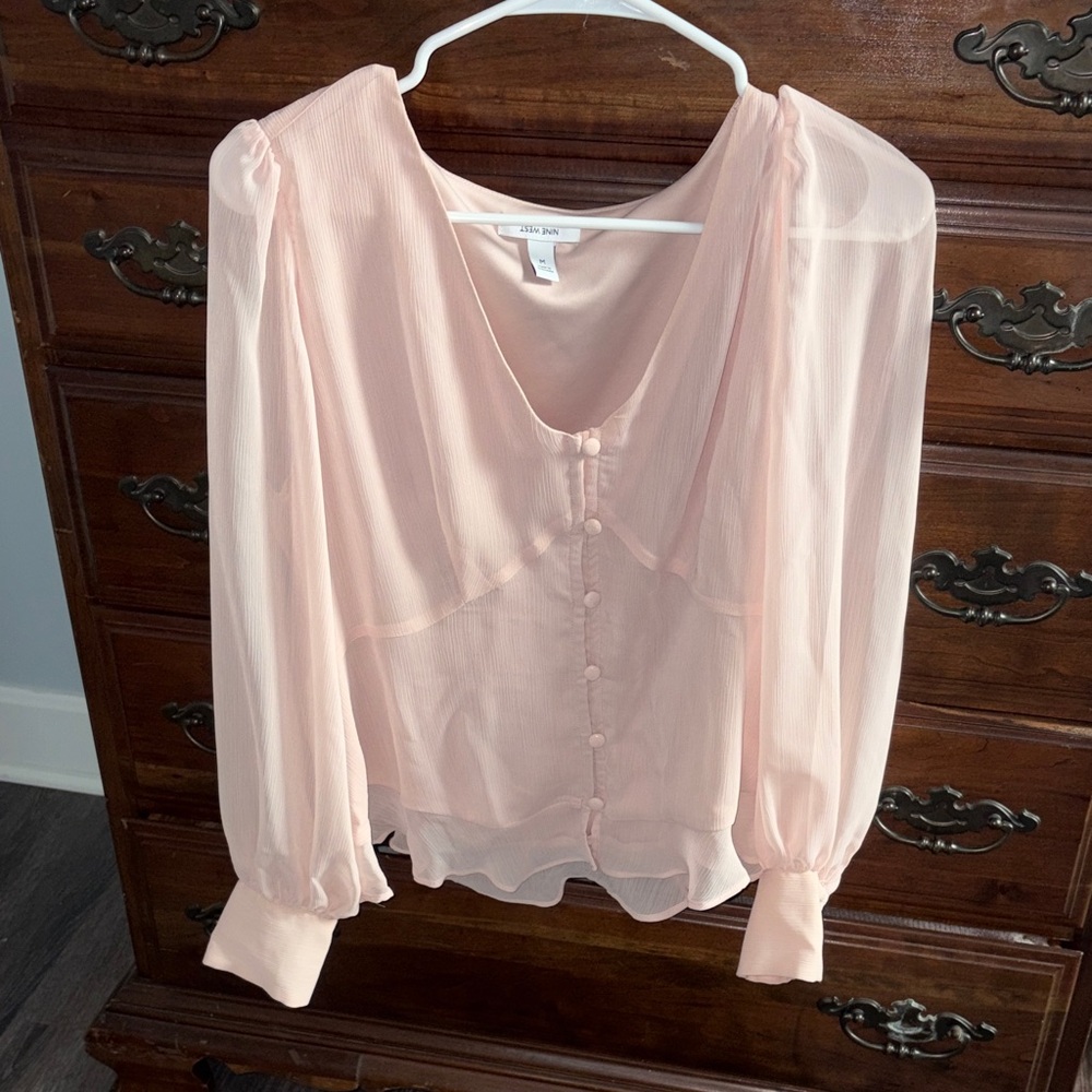 Nine West Blush Pink Sheer Puff-Sleeve Blouse with Covered Buttons